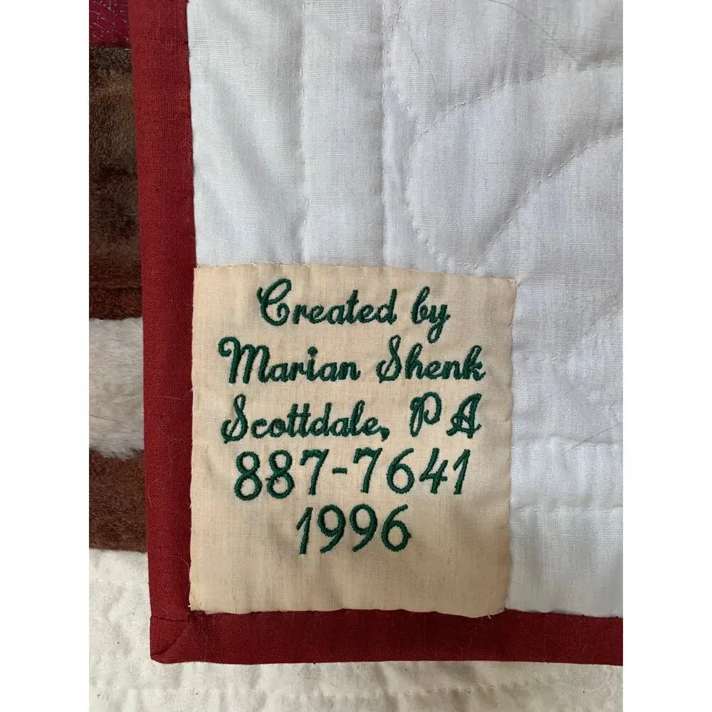 1996 Vintage Appliqué Quilted Block Old World Santa Wall Hanging With Rod 33x21